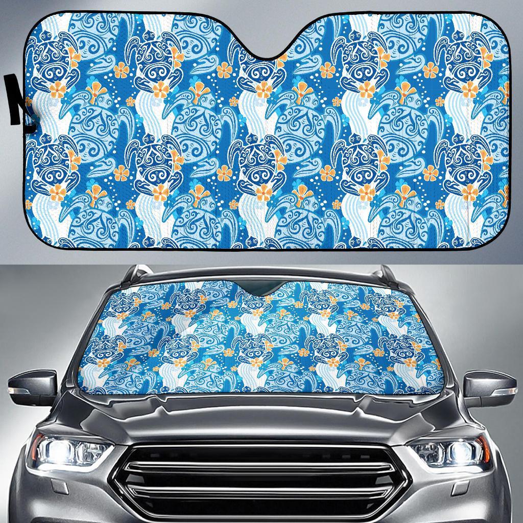 Sea Turtle Hawaiian Blue Pattern Print Car Sun Shade-grizzshop
