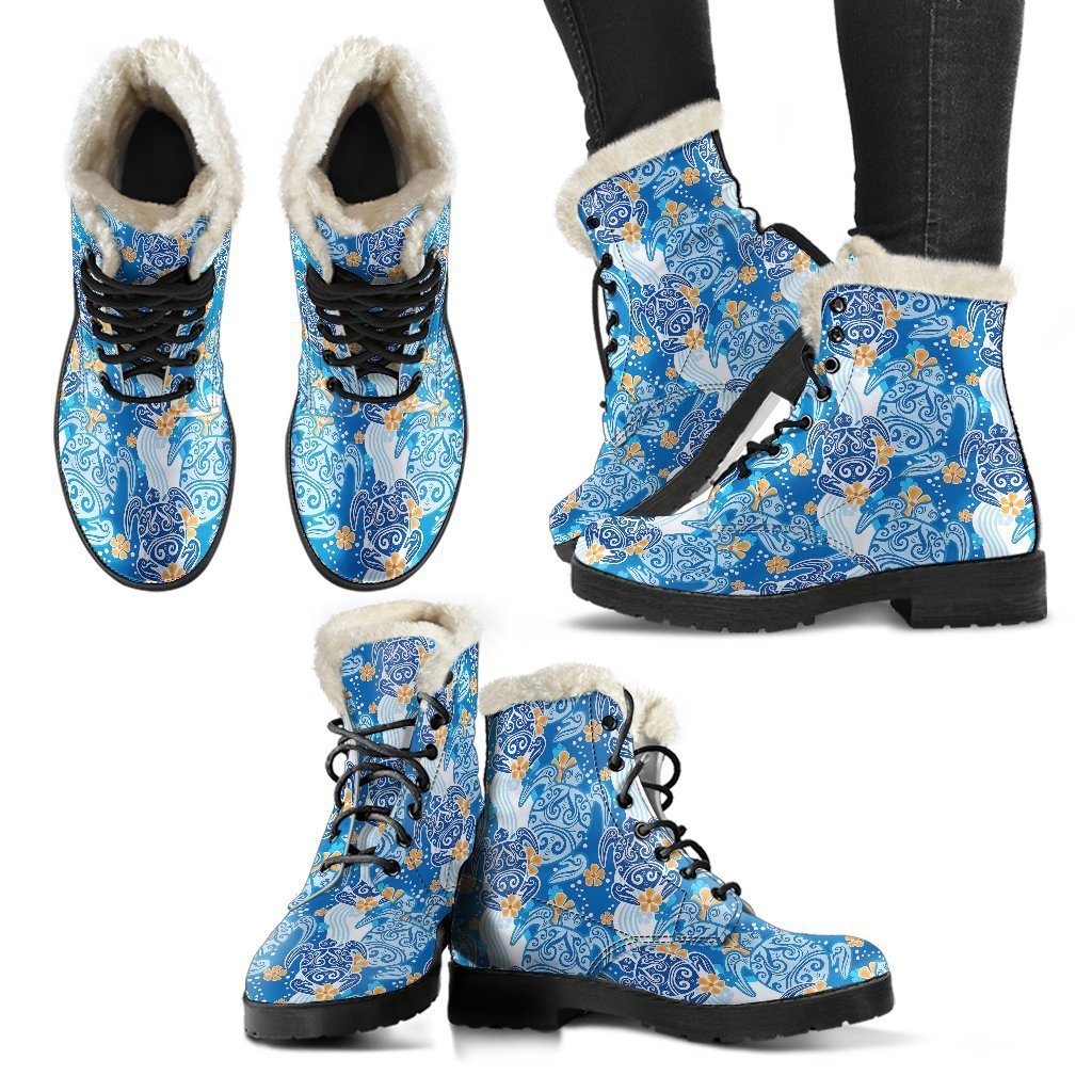 Sea Turtle Hawaiian Blue Pattern Print Comfy Winter Boots-grizzshop