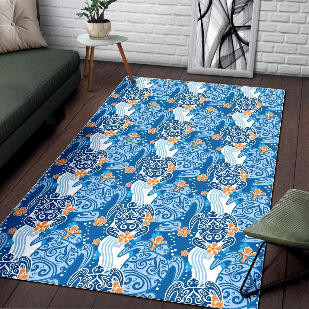 Sea Turtle Hawaiian Blue Pattern Print Floor Mat-grizzshop