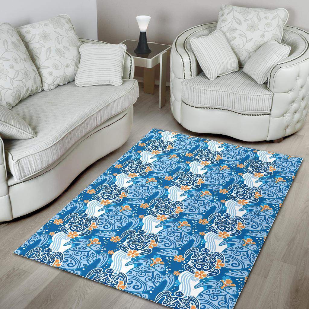 Sea Turtle Hawaiian Blue Pattern Print Floor Mat-grizzshop