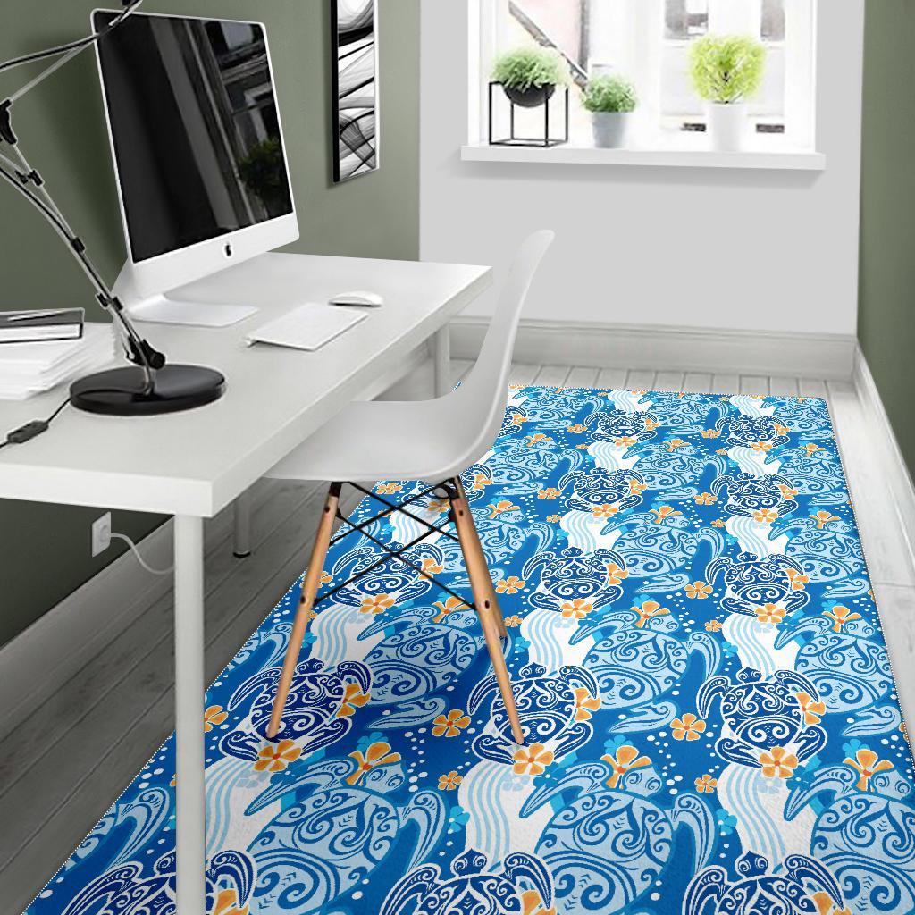 Sea Turtle Hawaiian Blue Pattern Print Floor Mat-grizzshop