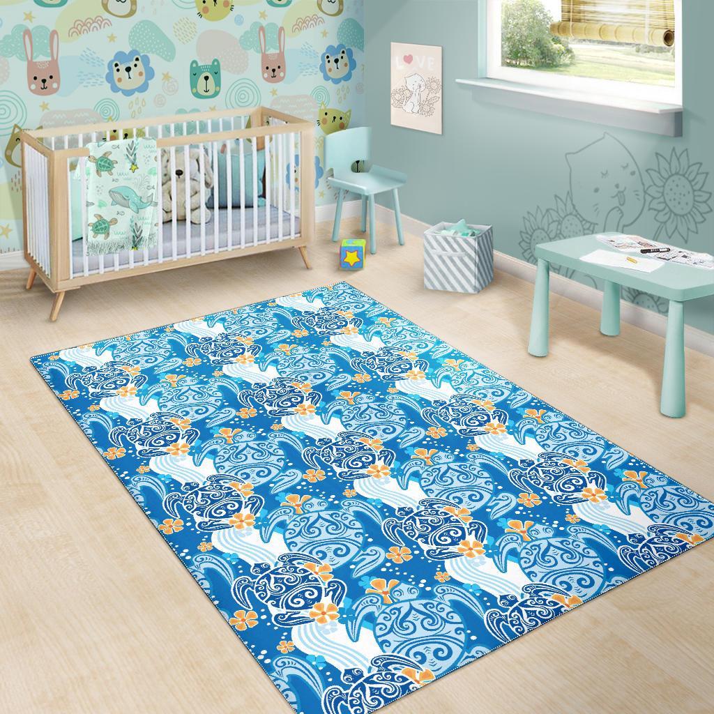 Sea Turtle Hawaiian Blue Pattern Print Floor Mat-grizzshop