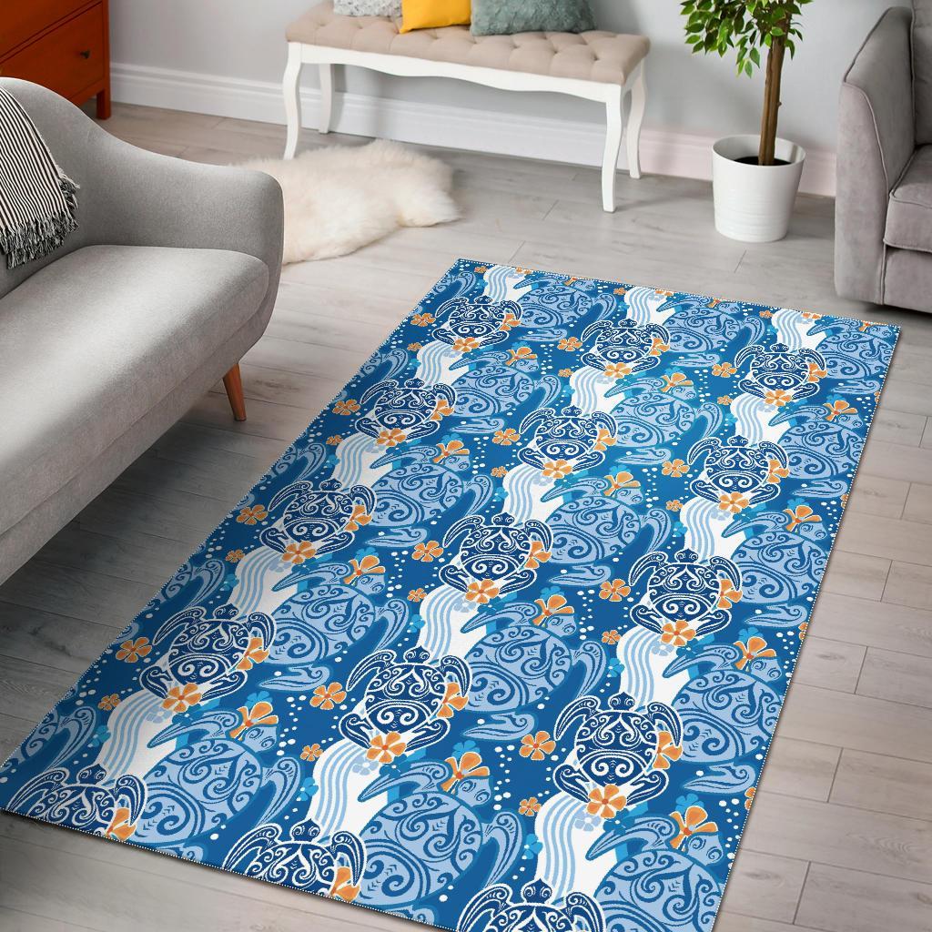 Sea Turtle Hawaiian Blue Pattern Print Floor Mat-grizzshop