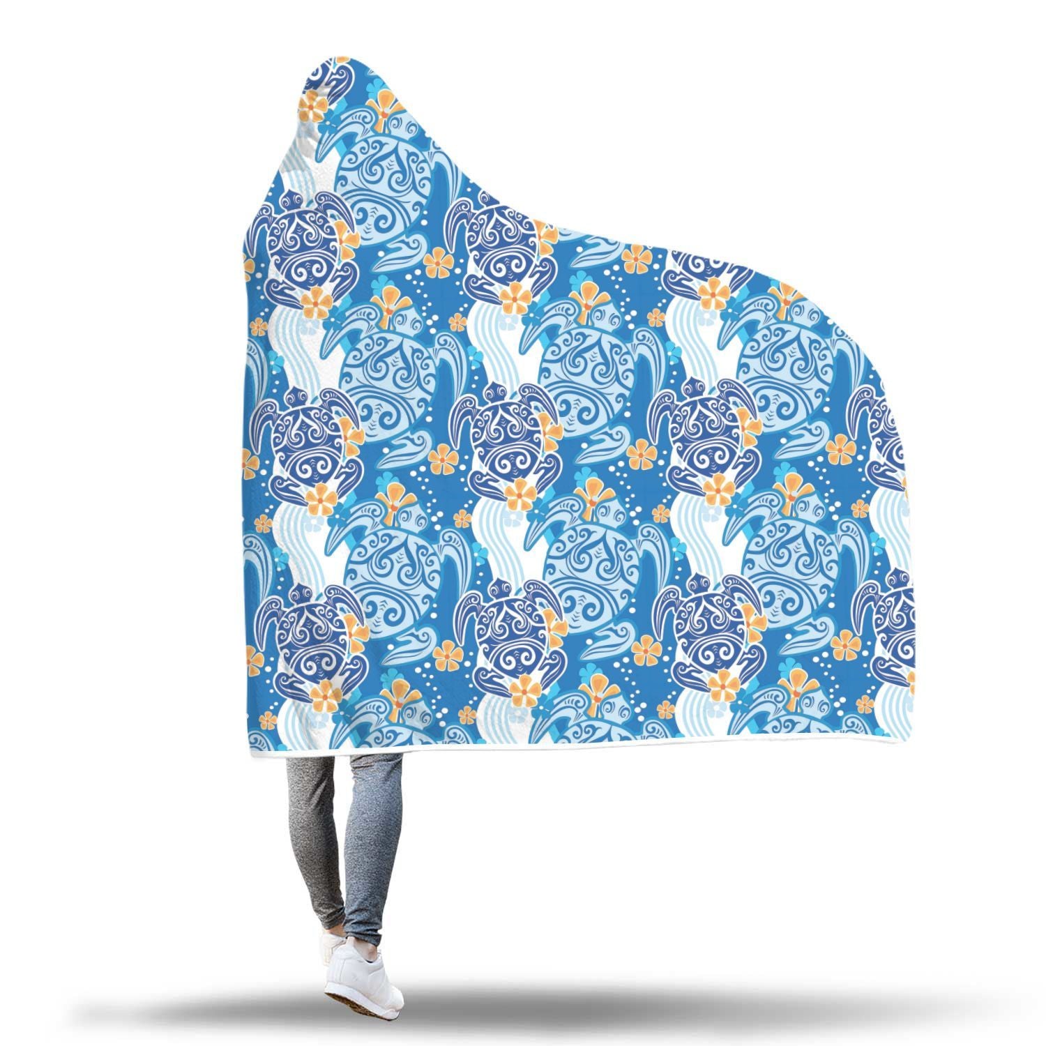 Sea Turtle Hawaiian Blue Pattern Print Hooded Blanket-grizzshop