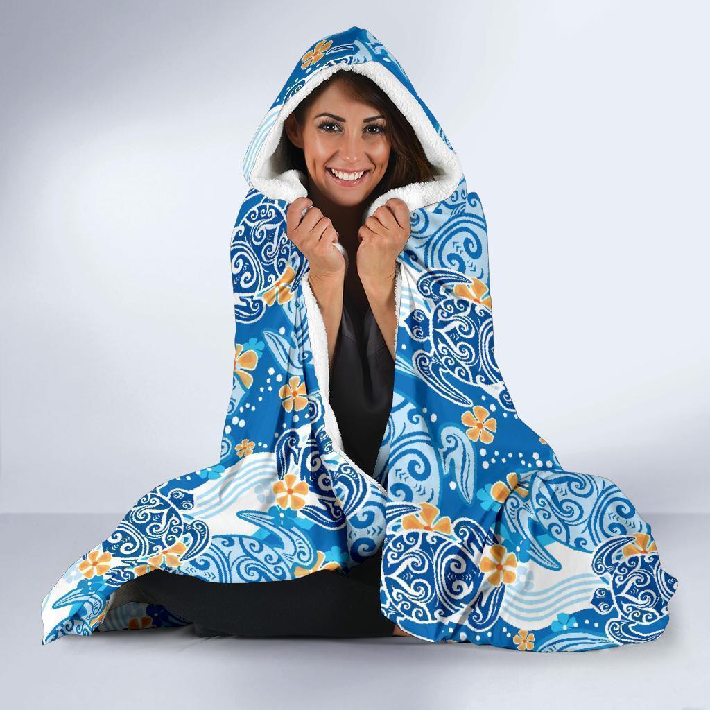 Sea Turtle Hawaiian Blue Pattern Print Hooded Blanket-grizzshop