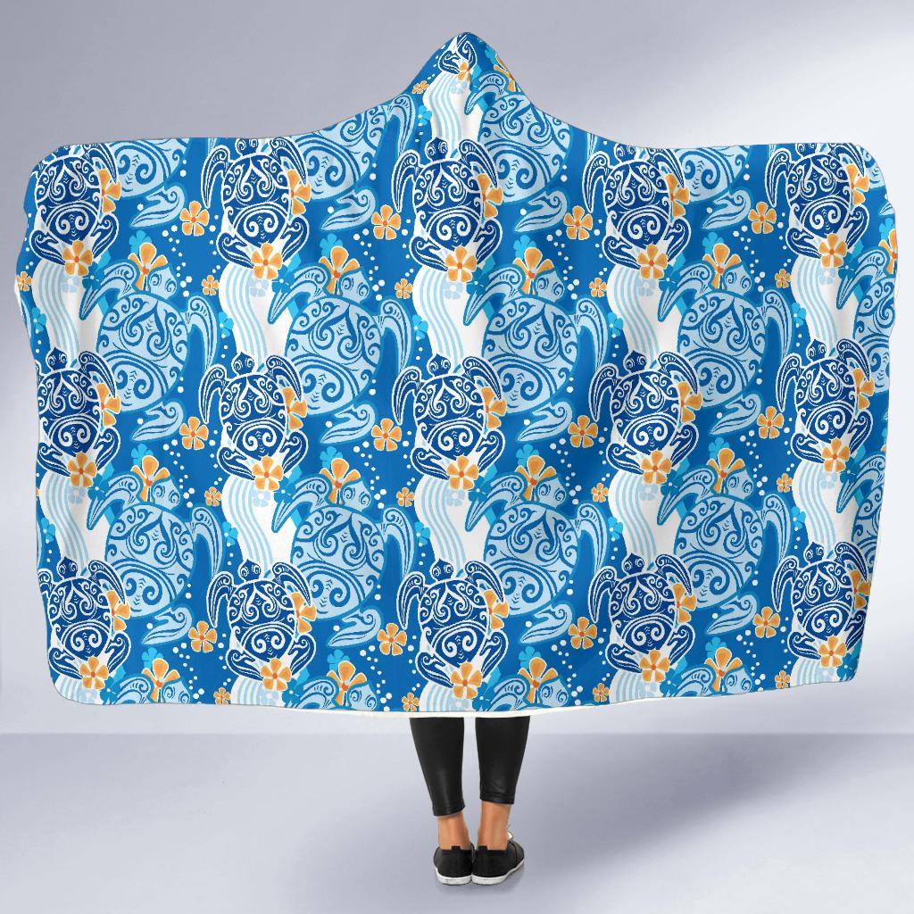 Sea Turtle Hawaiian Blue Pattern Print Hooded Blanket-grizzshop