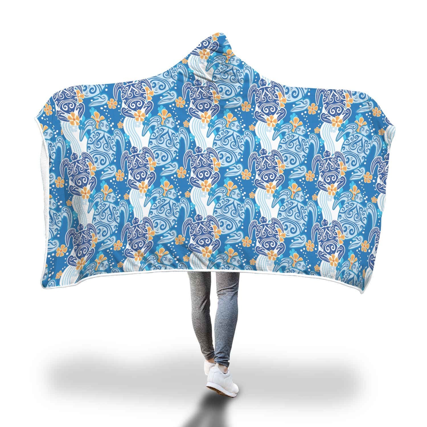 Sea Turtle Hawaiian Blue Pattern Print Hooded Blanket-grizzshop