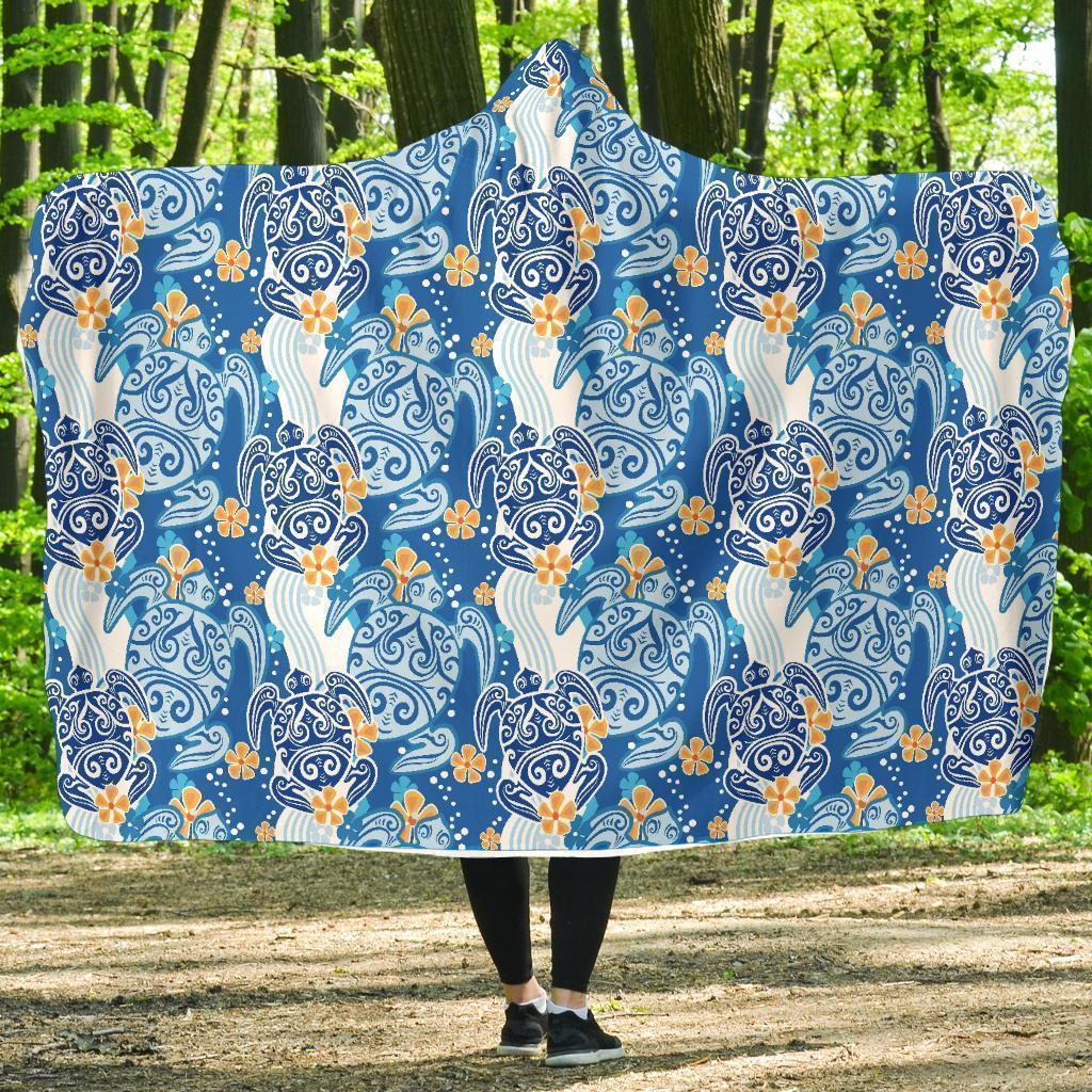 Sea Turtle Hawaiian Blue Pattern Print Hooded Blanket-grizzshop