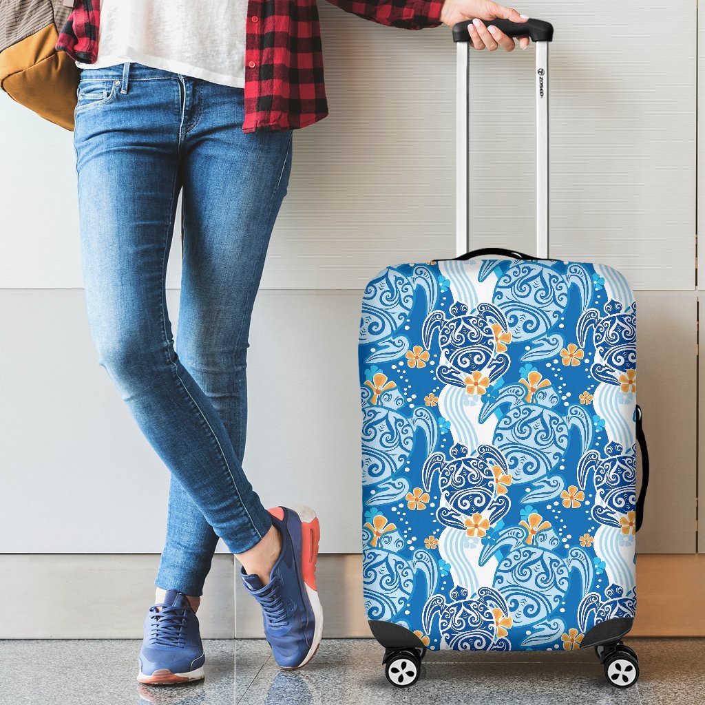 Sea Turtle Hawaiian Blue Pattern Print Luggage Cover Protector-grizzshop