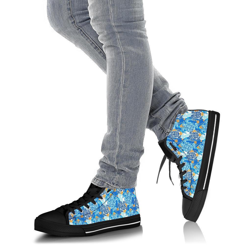 Sea Turtle Hawaiian Blue Pattern Print Men Women's High Top Shoes-grizzshop