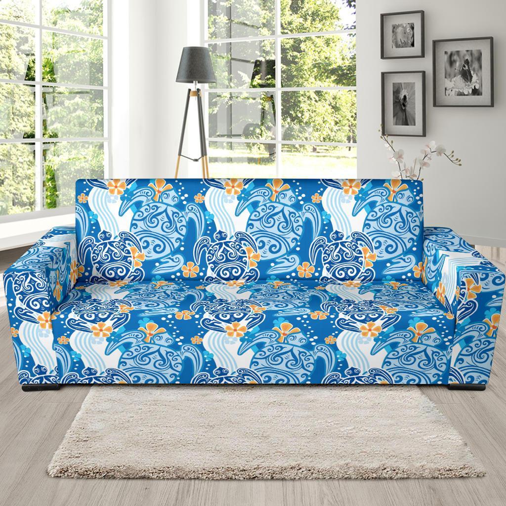 Sea Turtle Hawaiian Blue Pattern Print Sofa Covers-grizzshop