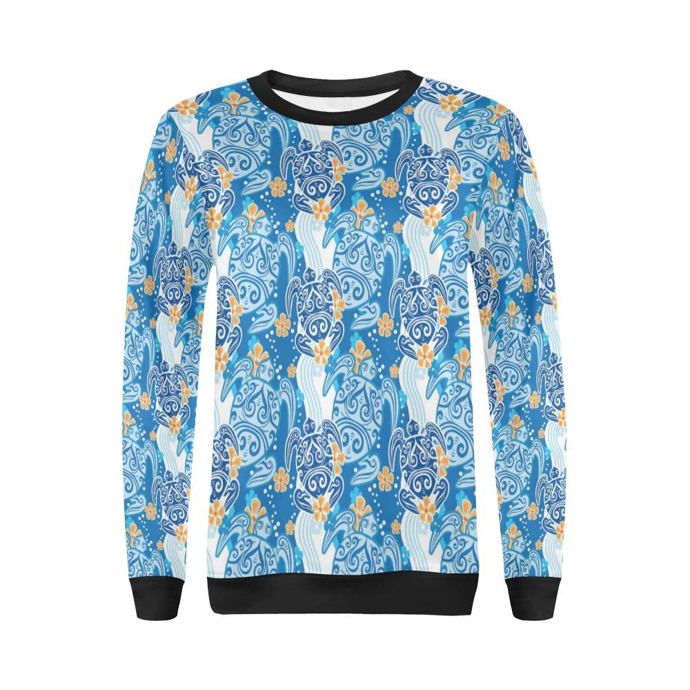 Sea Turtle Hawaiian Blue Pattern Print Women Crewneck Sweatshirt-grizzshop