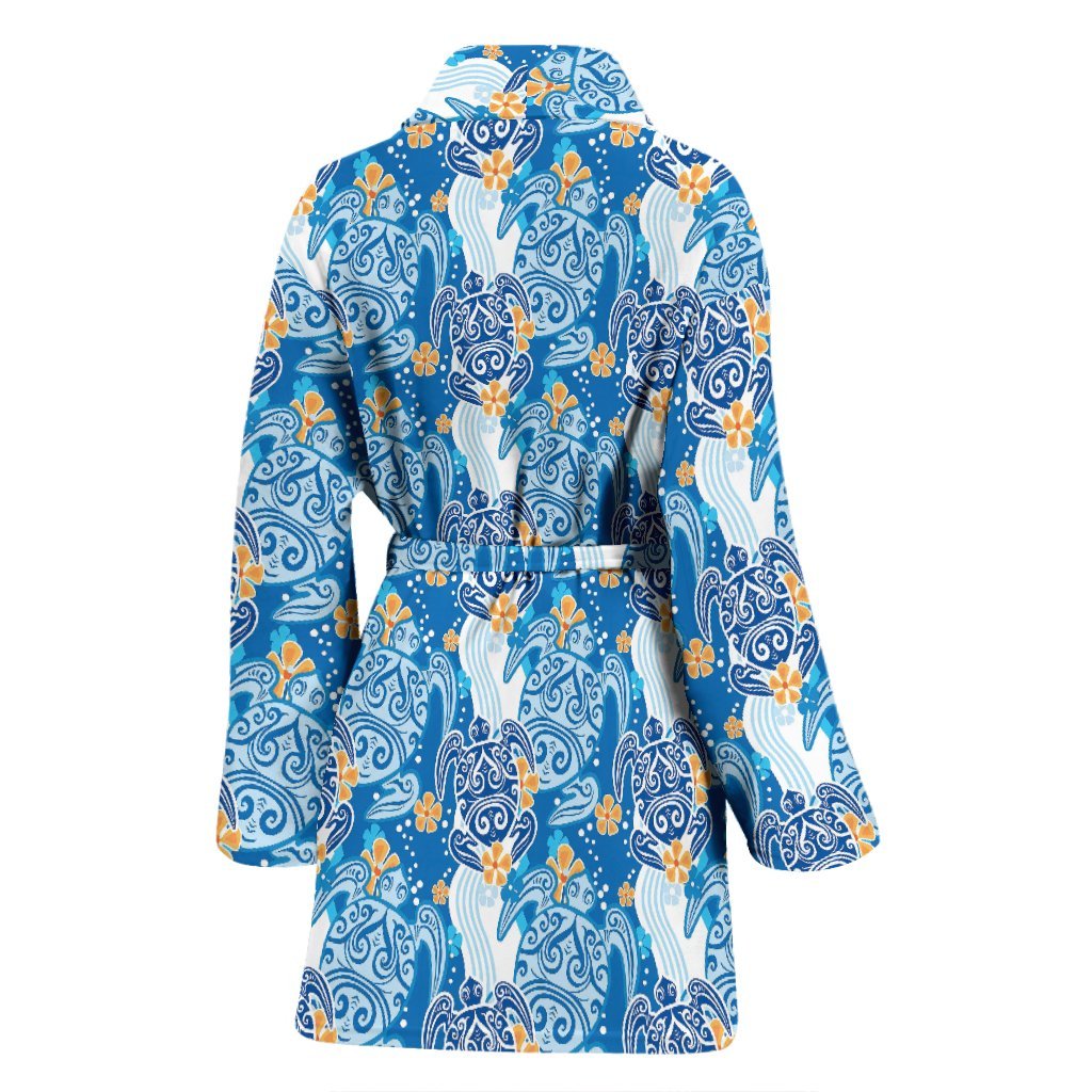 Sea Turtle Hawaiian Blue Pattern Print Women Long Robe-grizzshop
