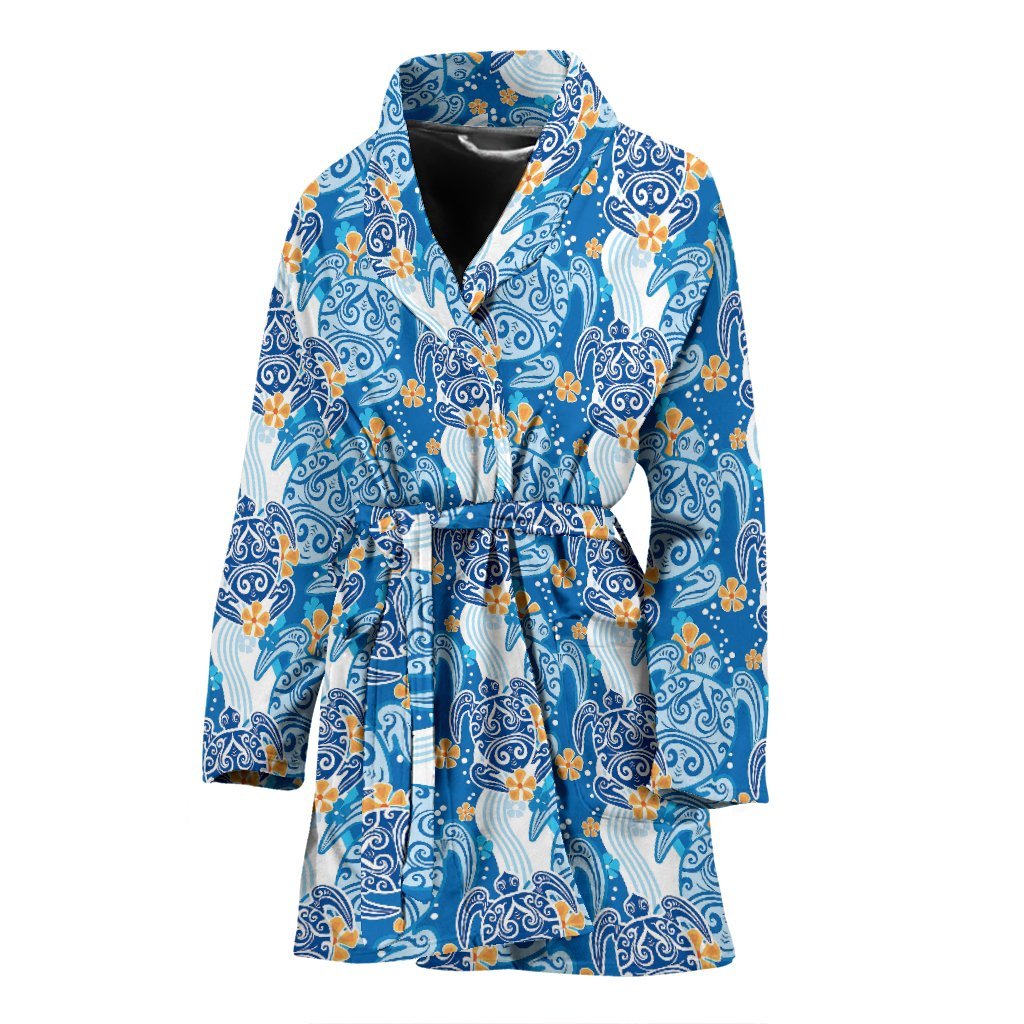 Sea Turtle Hawaiian Blue Pattern Print Women Long Robe-grizzshop