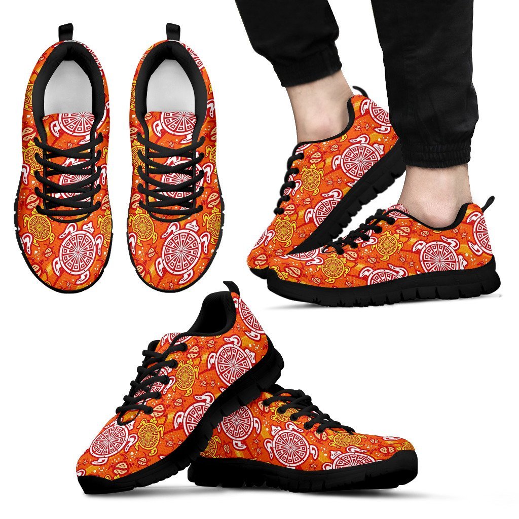 Sea Turtle Hawaiian Orange Pattern Print Black Sneaker Shoes For Men Women-grizzshop