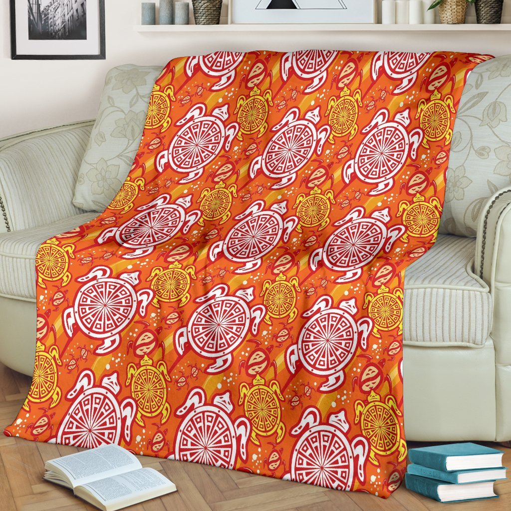 Sea Turtle Hawaiian Orange Pattern Print Blanket-grizzshop