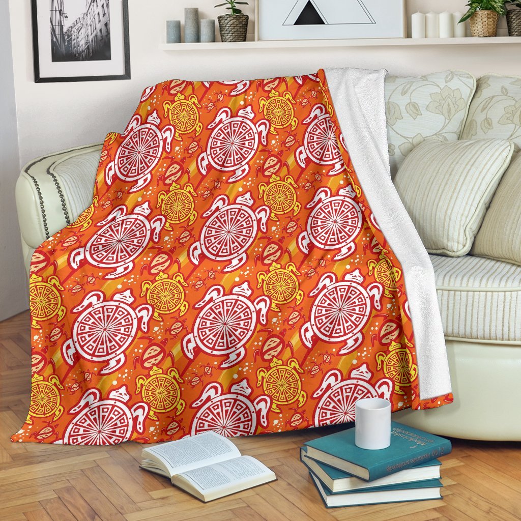 Sea Turtle Hawaiian Orange Pattern Print Blanket-grizzshop