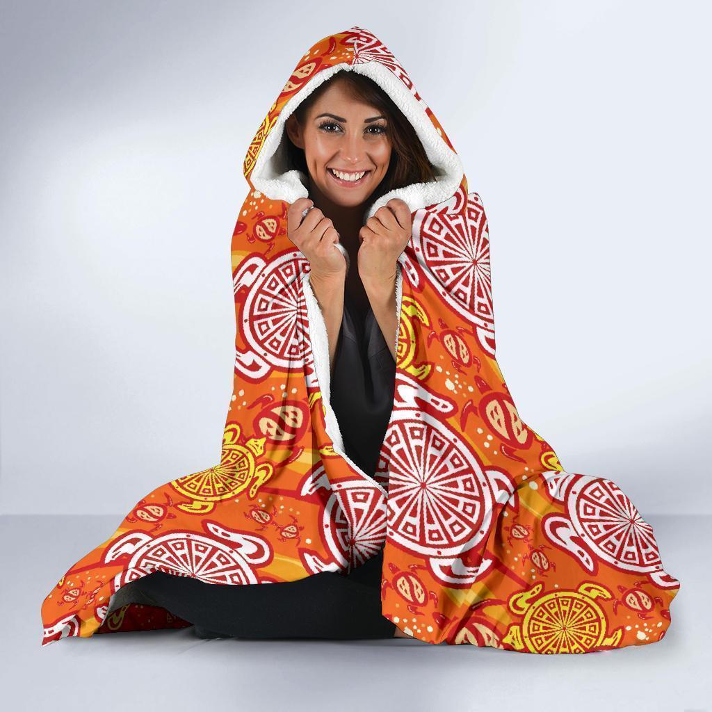 Sea Turtle Hawaiian Orange Pattern Print Hooded Blanket-grizzshop