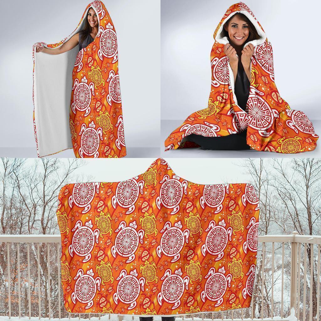 Sea Turtle Hawaiian Orange Pattern Print Hooded Blanket-grizzshop