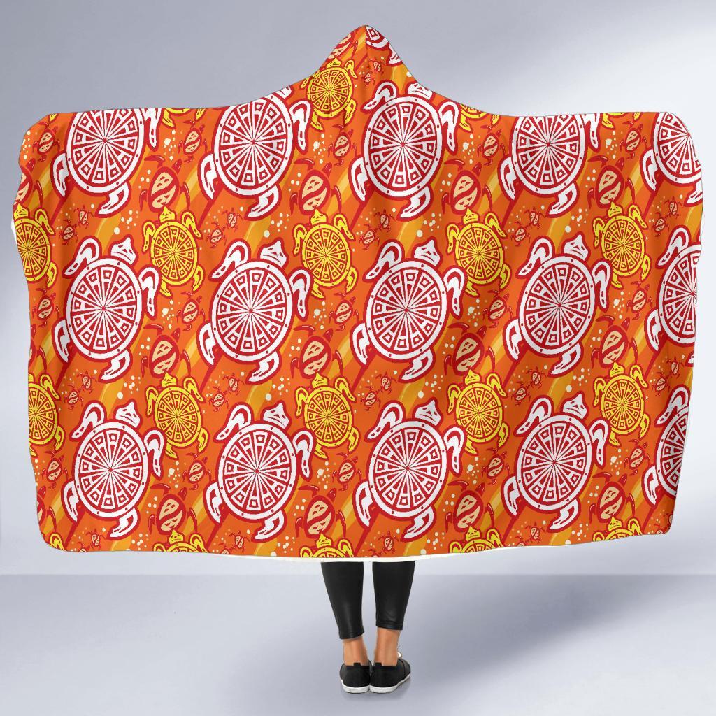 Sea Turtle Hawaiian Orange Pattern Print Hooded Blanket-grizzshop