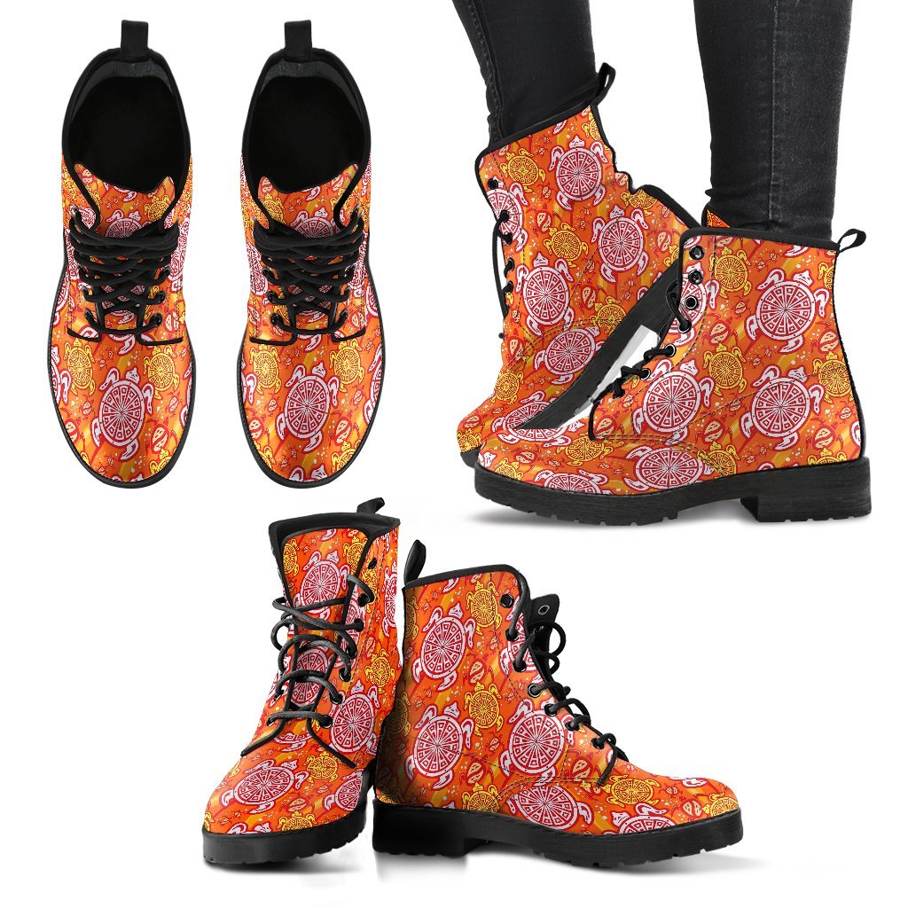 Sea Turtle Hawaiian Orange Pattern Print Men Women Leather Boots-grizzshop