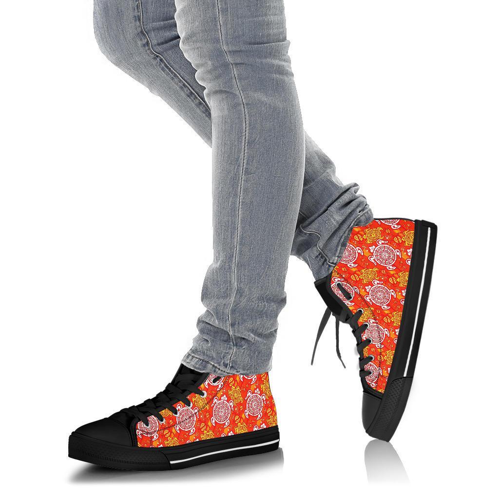 Sea Turtle Hawaiian Orange Pattern Print Men Women's High Top Shoes-grizzshop