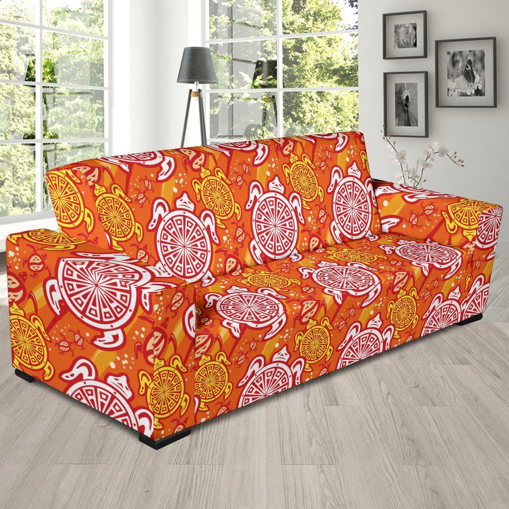 Sea Turtle Hawaiian Orange Pattern Print Sofa Covers-grizzshop