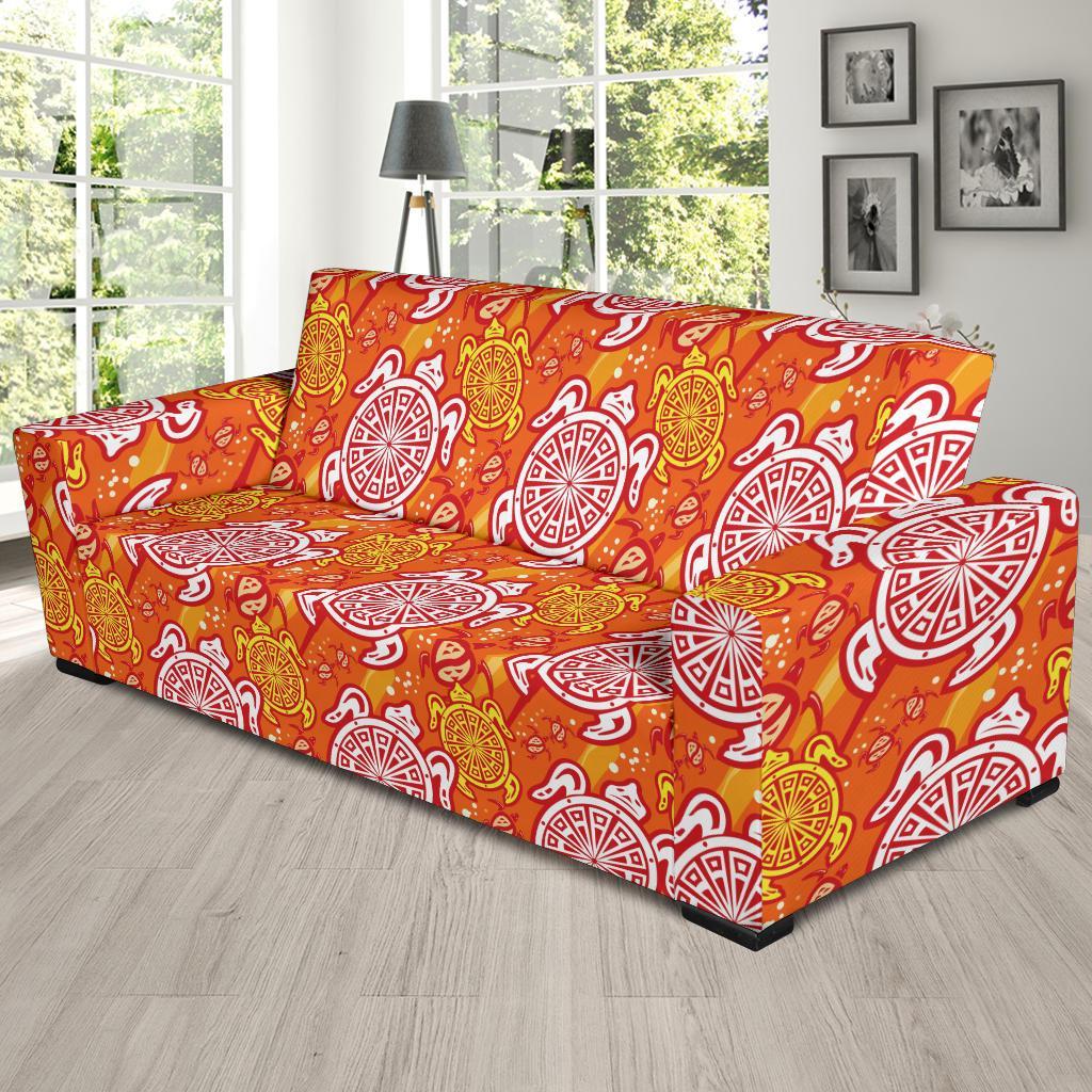 Sea Turtle Hawaiian Orange Pattern Print Sofa Covers-grizzshop