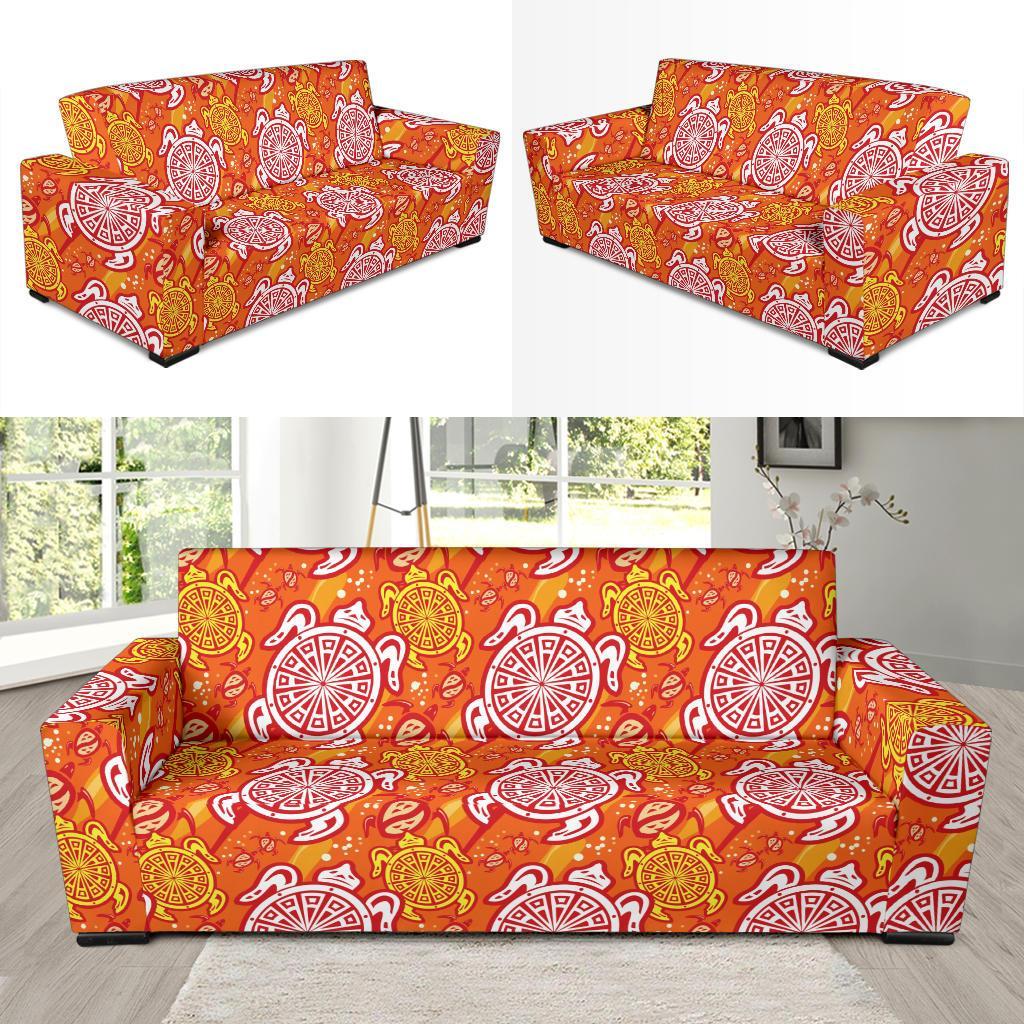 Sea Turtle Hawaiian Orange Pattern Print Sofa Covers-grizzshop