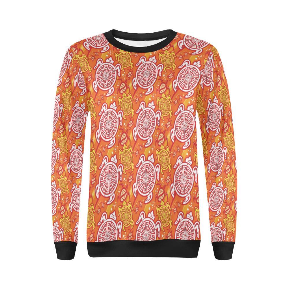 Sea Turtle Hawaiian Orange Pattern Print Women Crewneck Sweatshirt-grizzshop