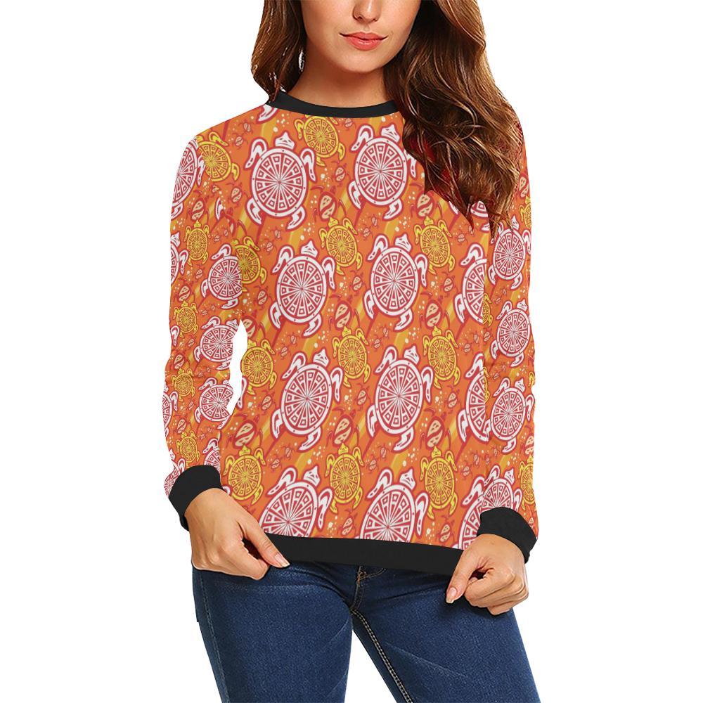 Sea Turtle Hawaiian Orange Pattern Print Women Crewneck Sweatshirt-grizzshop