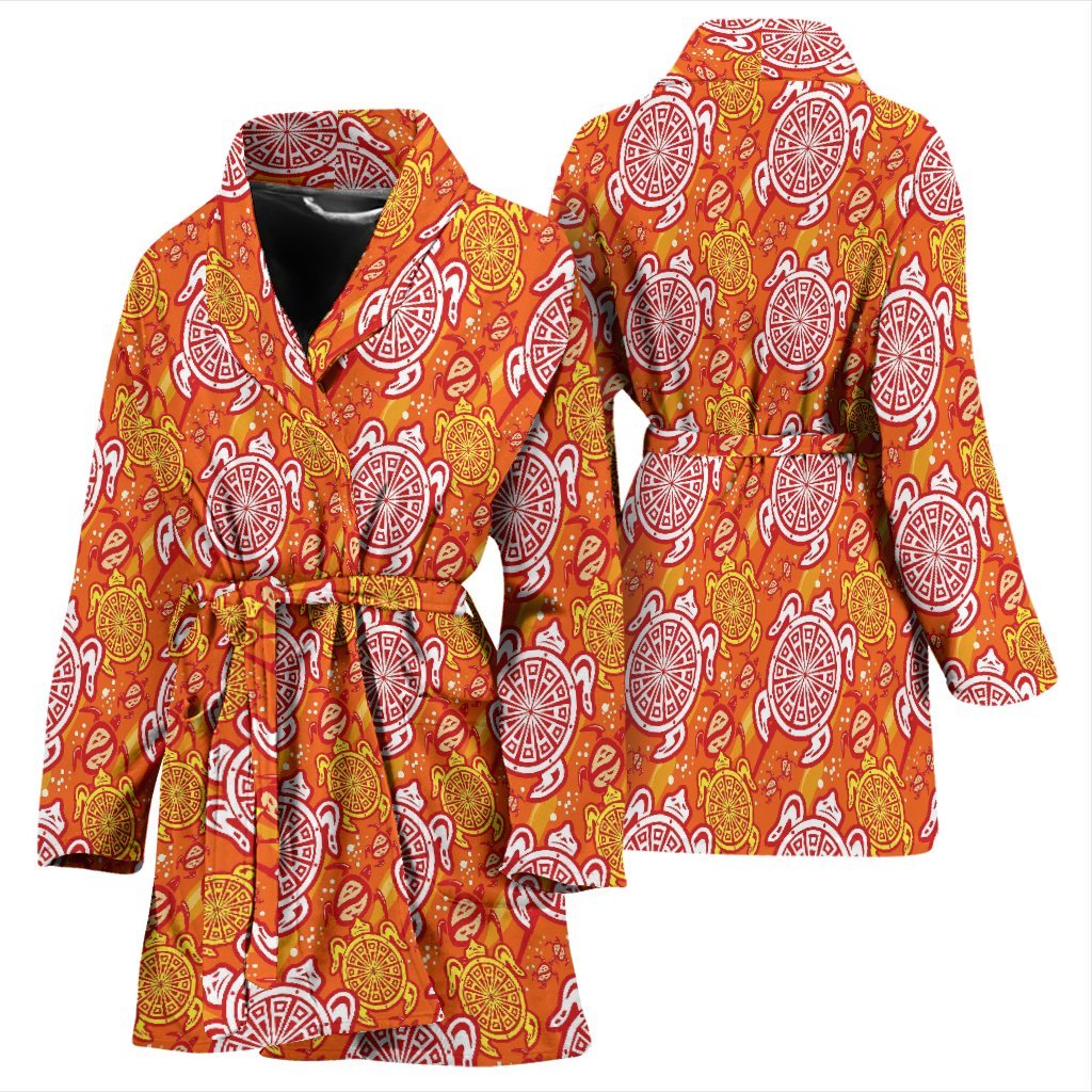 Sea Turtle Hawaiian Orange Pattern Print Women Long Robe-grizzshop