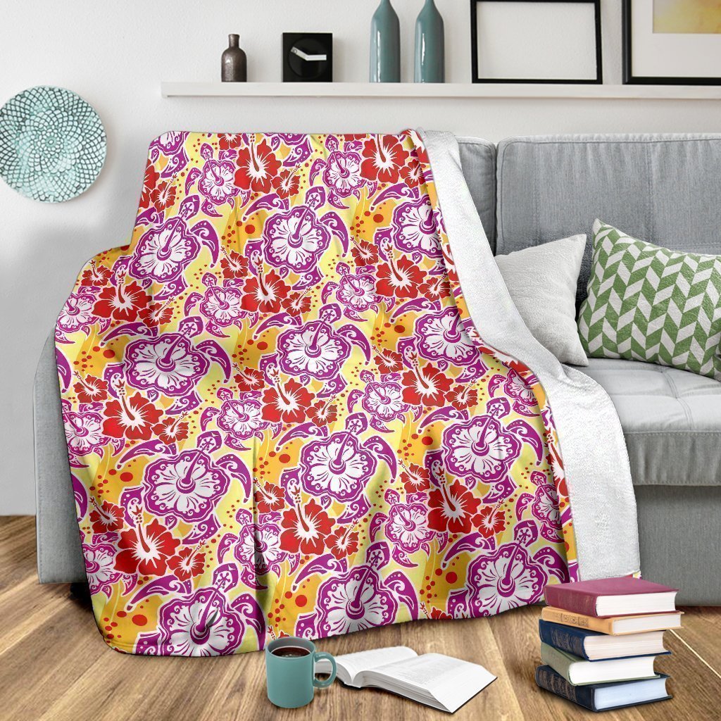 Sea Turtle Red Hibiscus Hawaiian Pattern Print Blanket-grizzshop