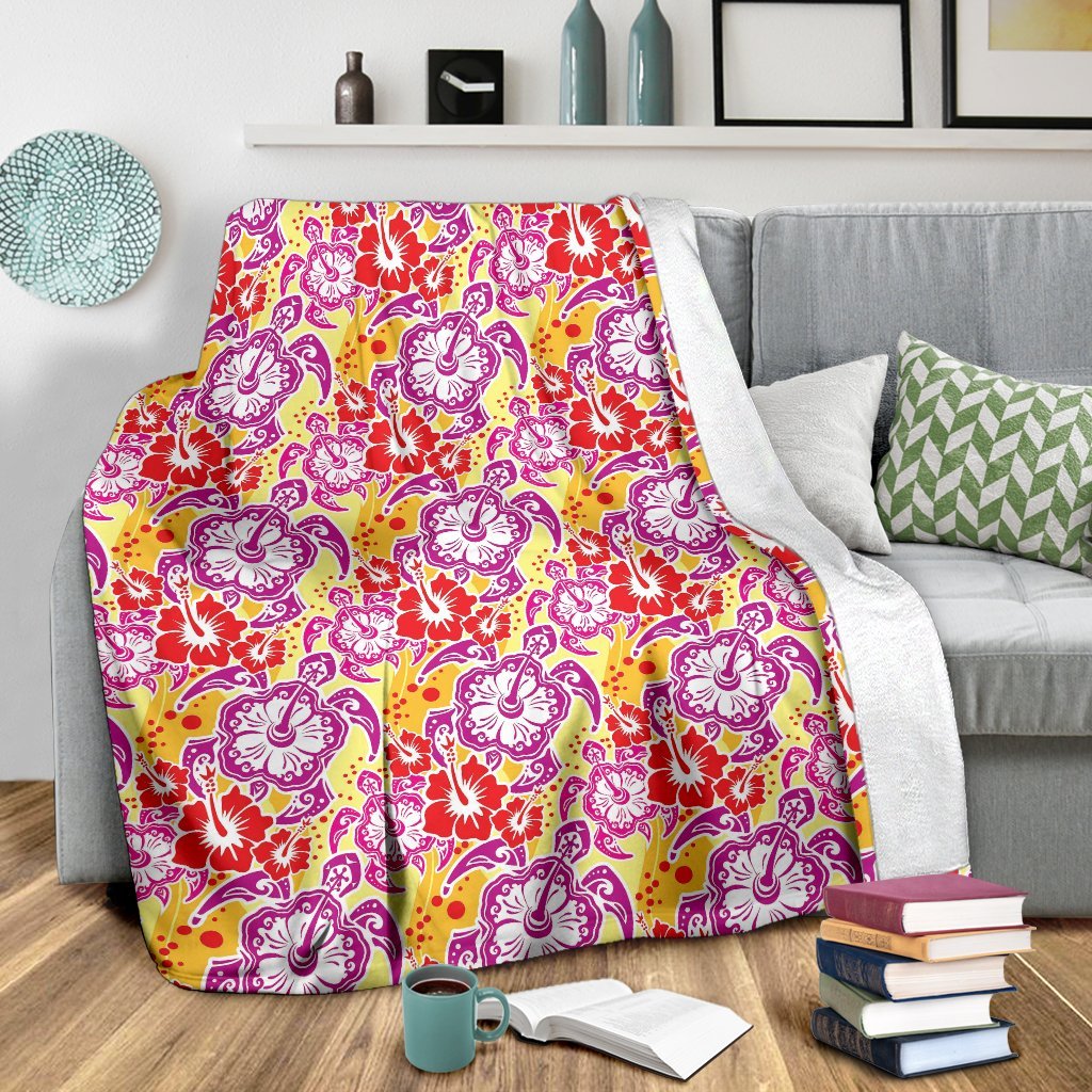 Sea Turtle Red Hibiscus Hawaiian Pattern Print Blanket-grizzshop