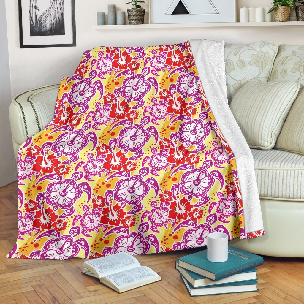 Sea Turtle Red Hibiscus Hawaiian Pattern Print Blanket-grizzshop