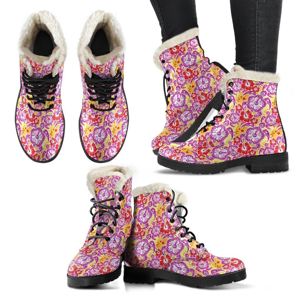 Sea Turtle Red Hibiscus Hawaiian Pattern Print Comfy Winter Boots-grizzshop