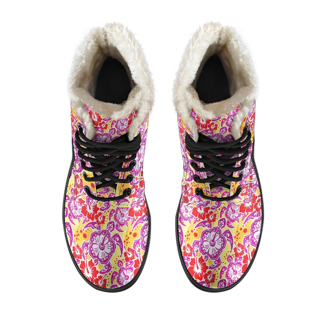 Sea Turtle Red Hibiscus Hawaiian Pattern Print Comfy Winter Boots-grizzshop