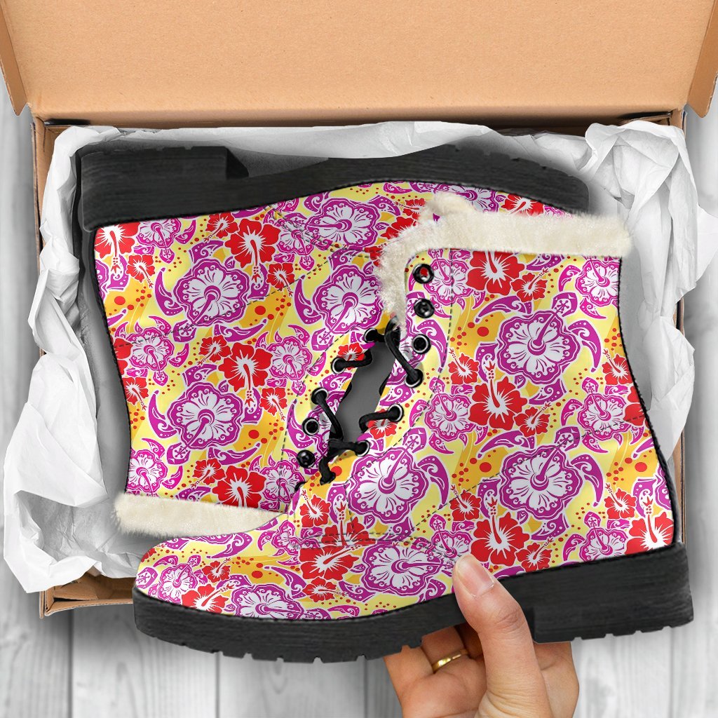 Sea Turtle Red Hibiscus Hawaiian Pattern Print Comfy Winter Boots-grizzshop