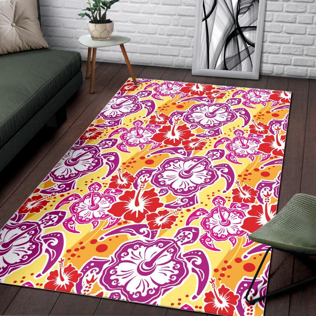 Sea Turtle Red Hibiscus Hawaiian Pattern Print Floor Mat-grizzshop