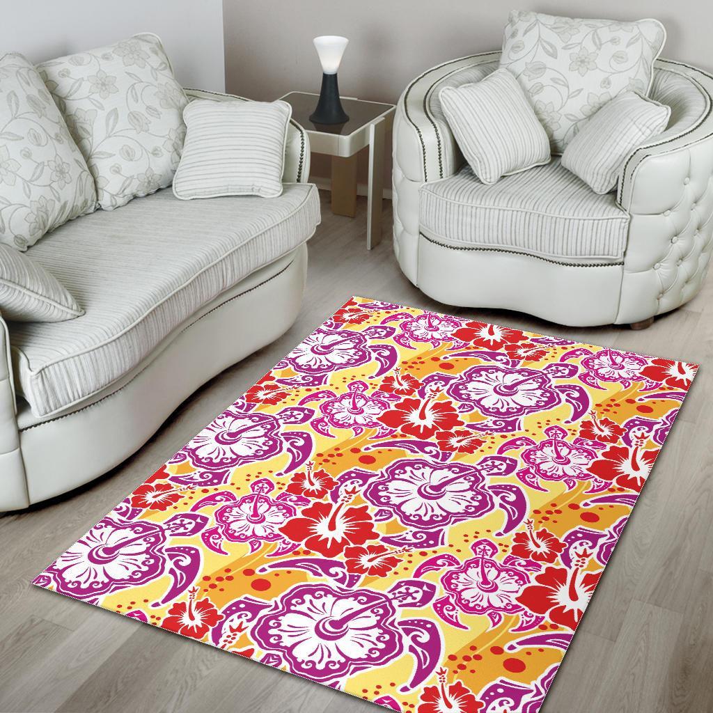 Sea Turtle Red Hibiscus Hawaiian Pattern Print Floor Mat-grizzshop