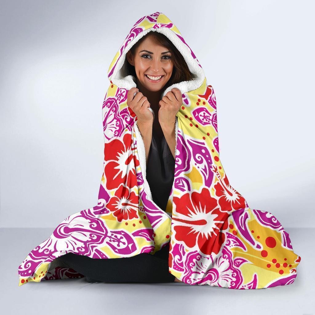 Sea Turtle Red Hibiscus Hawaiian Pattern Print Hooded Blanket-grizzshop