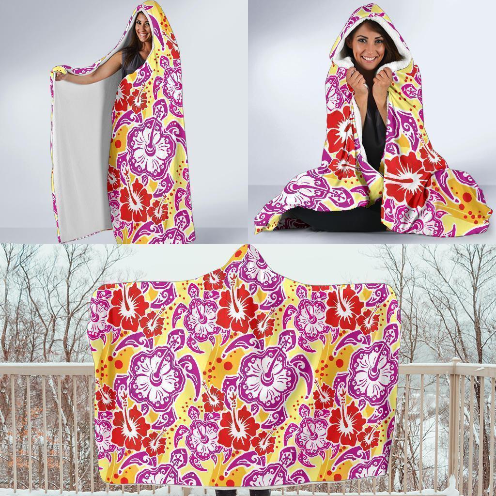 Sea Turtle Red Hibiscus Hawaiian Pattern Print Hooded Blanket-grizzshop