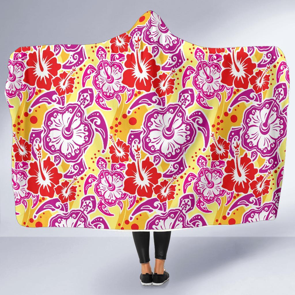 Sea Turtle Red Hibiscus Hawaiian Pattern Print Hooded Blanket-grizzshop