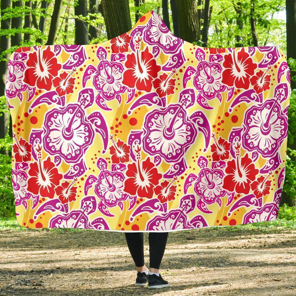 Sea Turtle Red Hibiscus Hawaiian Pattern Print Hooded Blanket-grizzshop