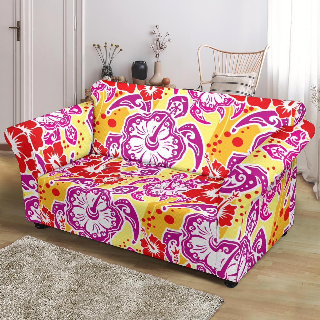 Sea Turtle Red Hibiscus Hawaiian Pattern Print Loveseat Cover-grizzshop