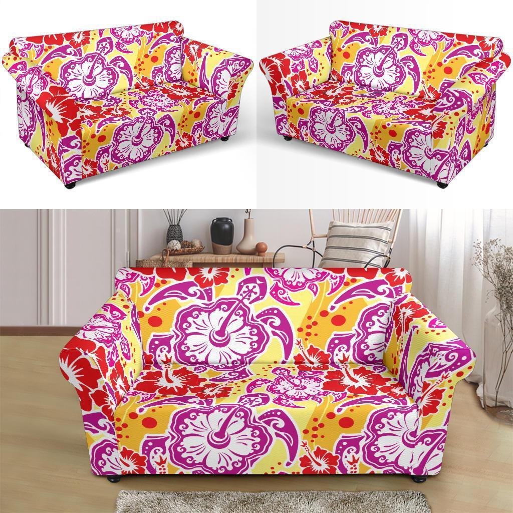 Sea Turtle Red Hibiscus Hawaiian Pattern Print Loveseat Cover-grizzshop