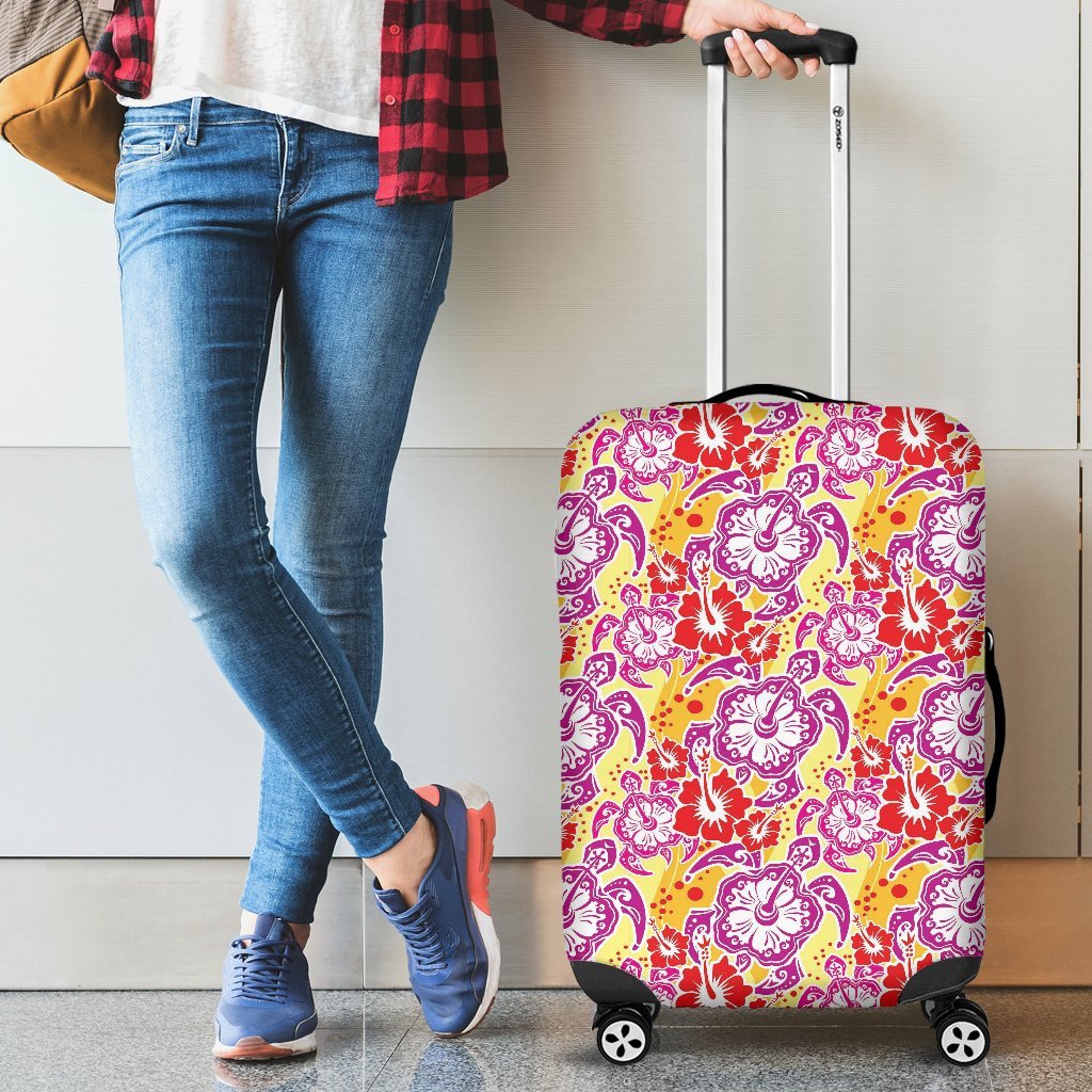 Sea Turtle Red Hibiscus Hawaiian Pattern Print Luggage Cover Protector-grizzshop
