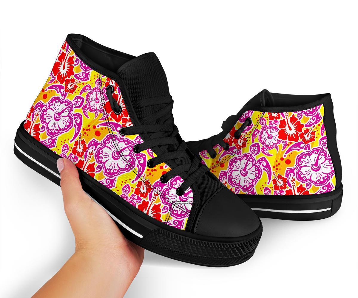 Sea Turtle Red Hibiscus Hawaiian Pattern Print Men Women's High Top Shoes-grizzshop