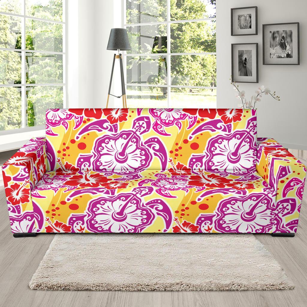 Sea Turtle Red Hibiscus Hawaiian Pattern Print Sofa Covers-grizzshop