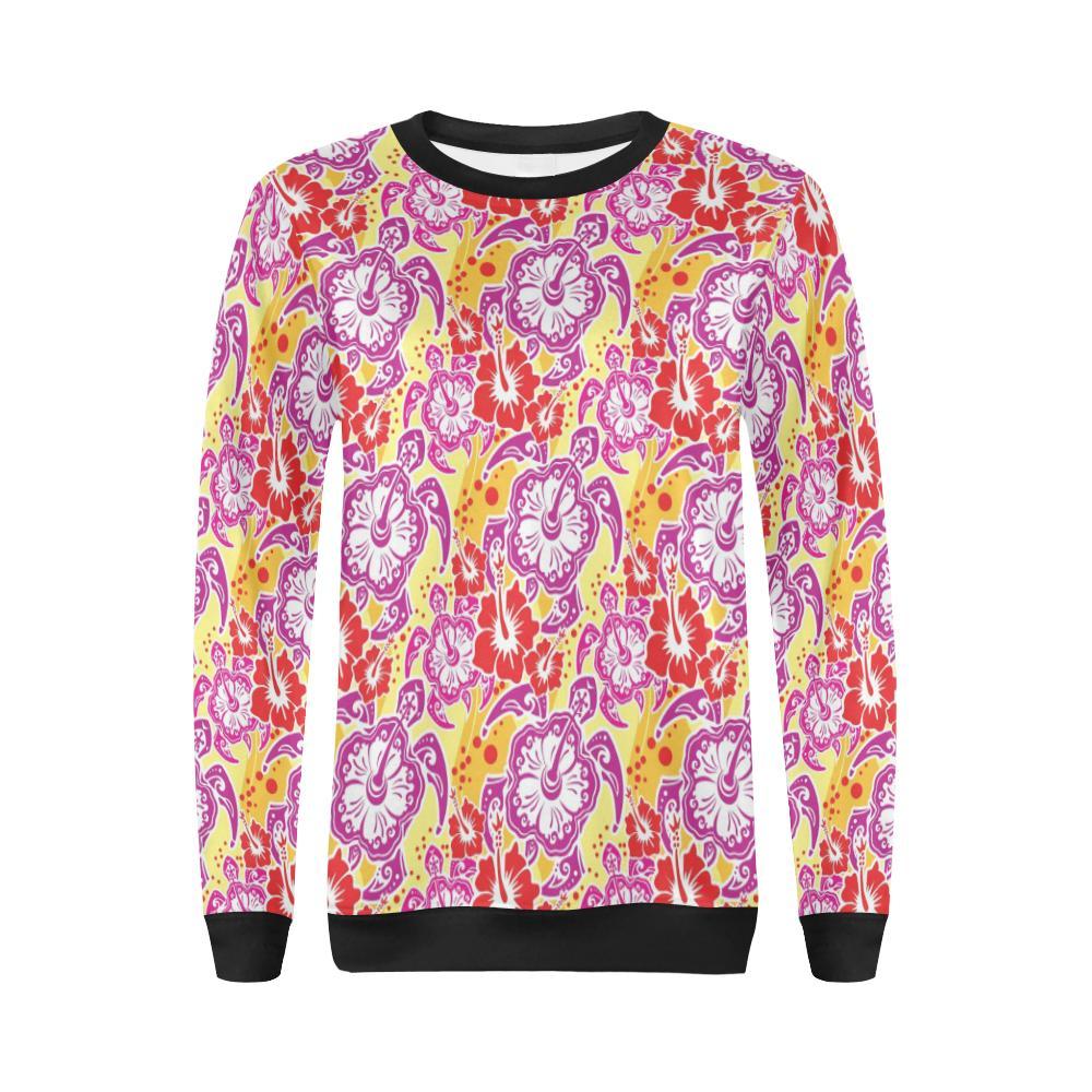 Sea Turtle Red Hibiscus Hawaiian Pattern Print Women Crewneck Sweatshirt-grizzshop